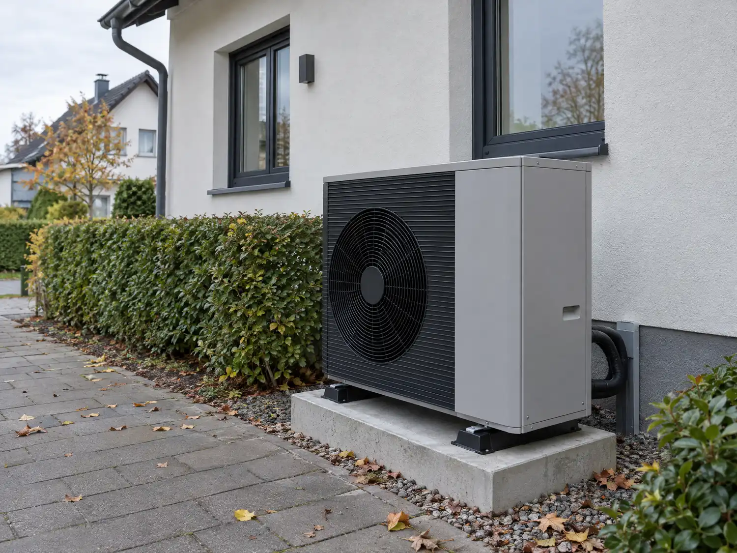 Wärmepumpe vor einem hellen Einfamilienhaus in Hessen, für die die Heizlastberechnung die passende Größe bestimmt